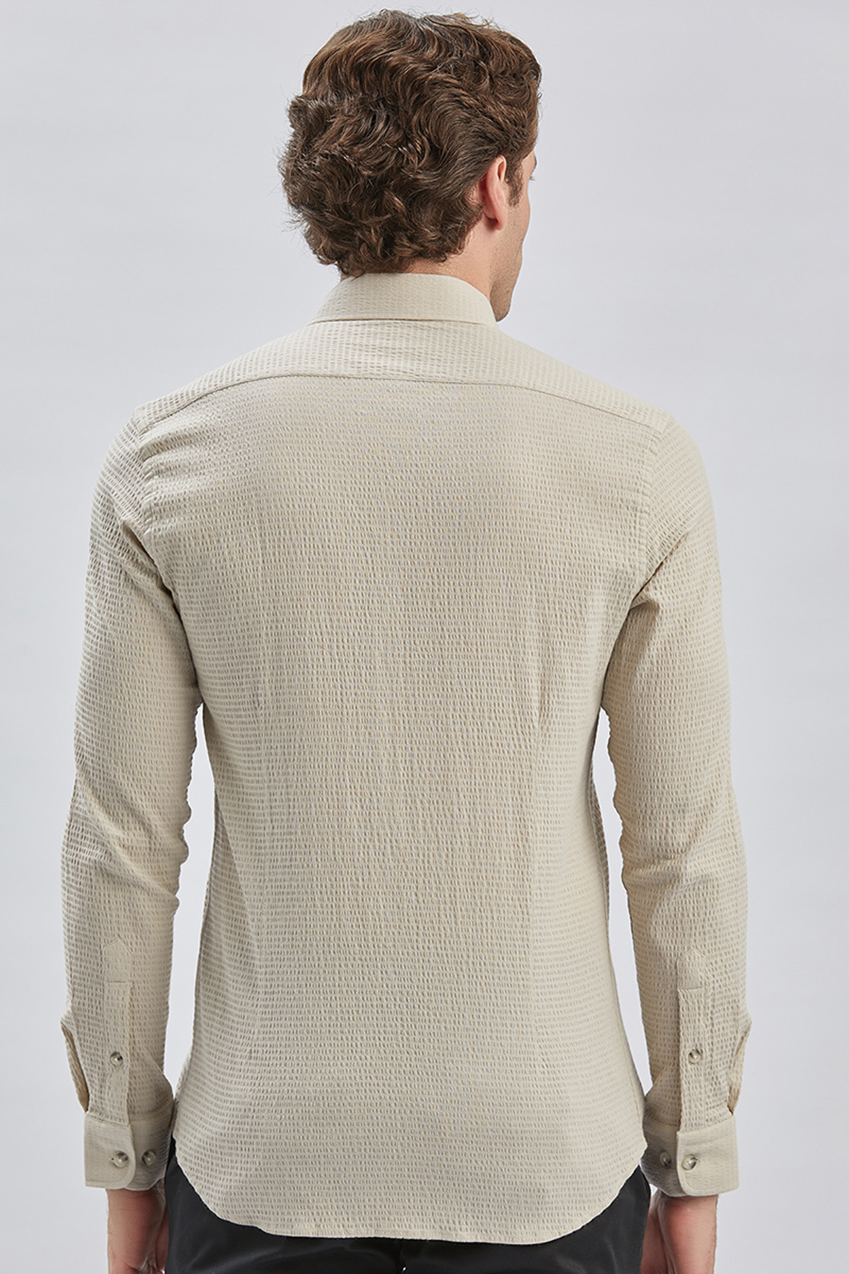 Bej Uzun Kollu Biritli Yaka Biyeli Pamuklu Likralı Casual Slim Fit Gömlek 1004240232
