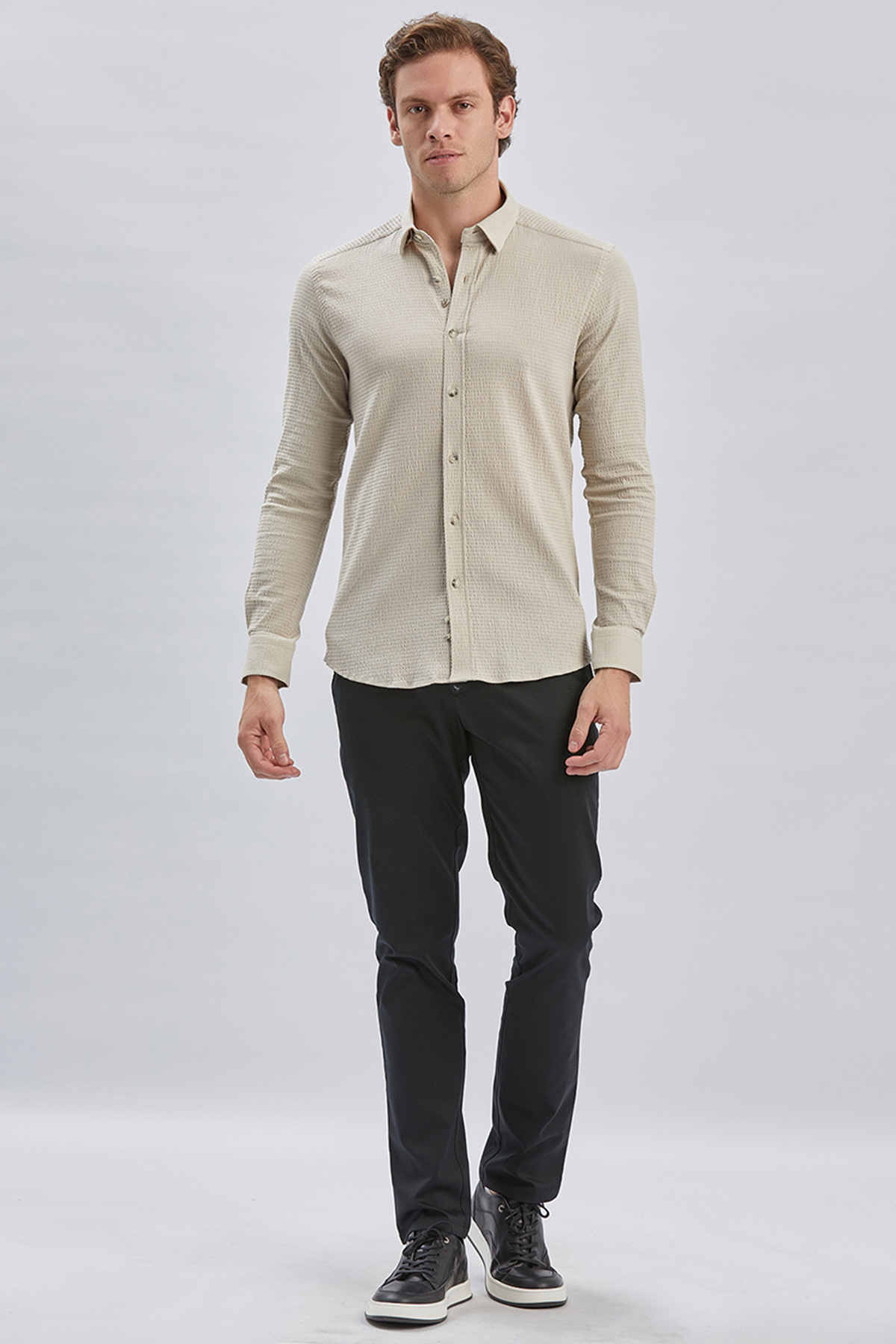 Bej Uzun Kollu Biritli Yaka Biyeli Pamuklu Likralı Casual Slim Fit Gömlek 1004240232