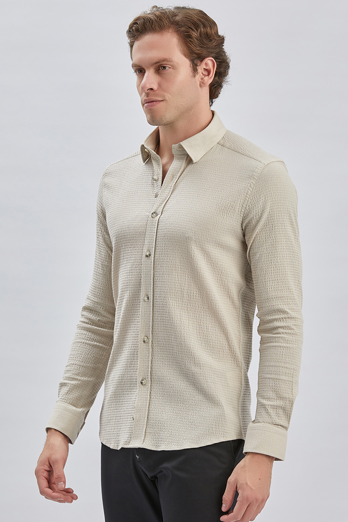 Bej Uzun Kollu Biritli Yaka Biyeli Pamuklu Likralı Casual Slim Fit Gömlek 1004240232