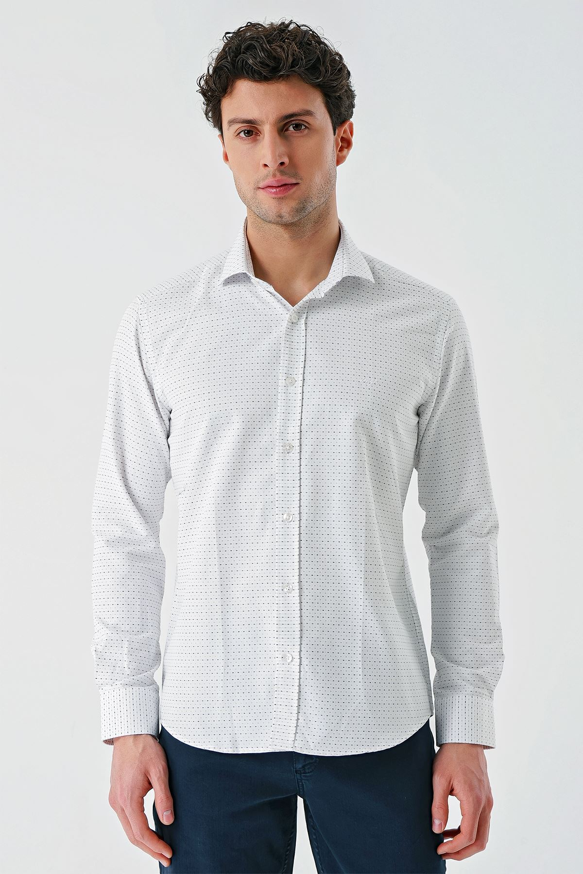 Bej Uzun Kollu Desenli Armürlü Cepsiz Pamuklu Klasik Slim Fit Dar Kesim Gömlek 1004240189