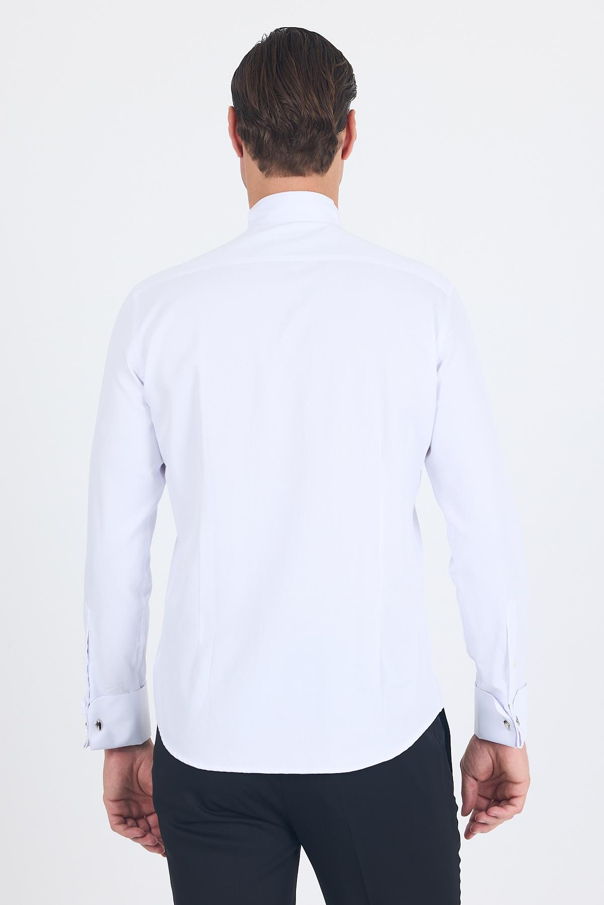 Beyaz Ata Yaka Kendinden Desenli Ceremony Pamuklu Slim Fit Gömlek 1004250215
