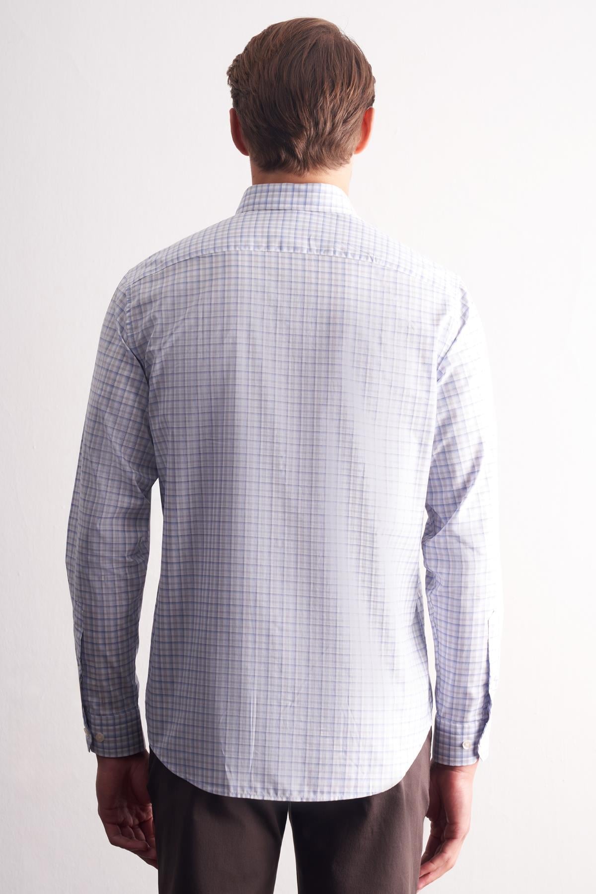 Beyaz-Gri Düğmeli Yaka Kareli Desen Uzun Kol Premium Slim Fit %100 Pamuk Gömlek 1004255184