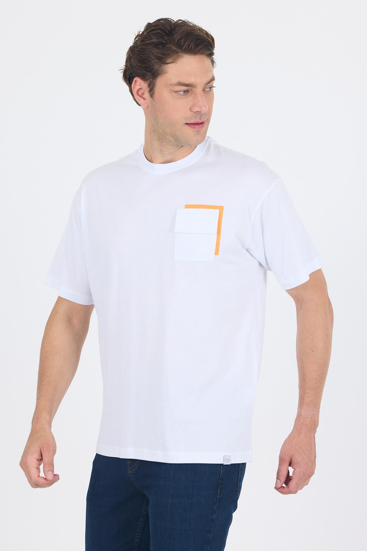 Beyaz Kısa Kol Bisiklet Yaka Kapaklı Cep Pamuk Casual Oversize Tişört 1011250131
