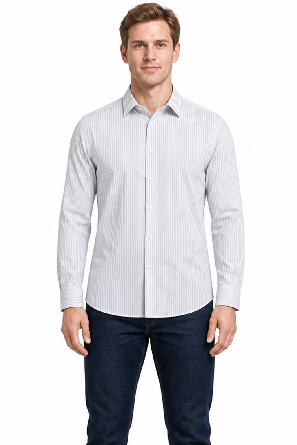 Beyaz Uzun Kol Desen Yarım İtalyan Yaka Cepsiz esnek Classic Slim Fit Gömlek 1004245220