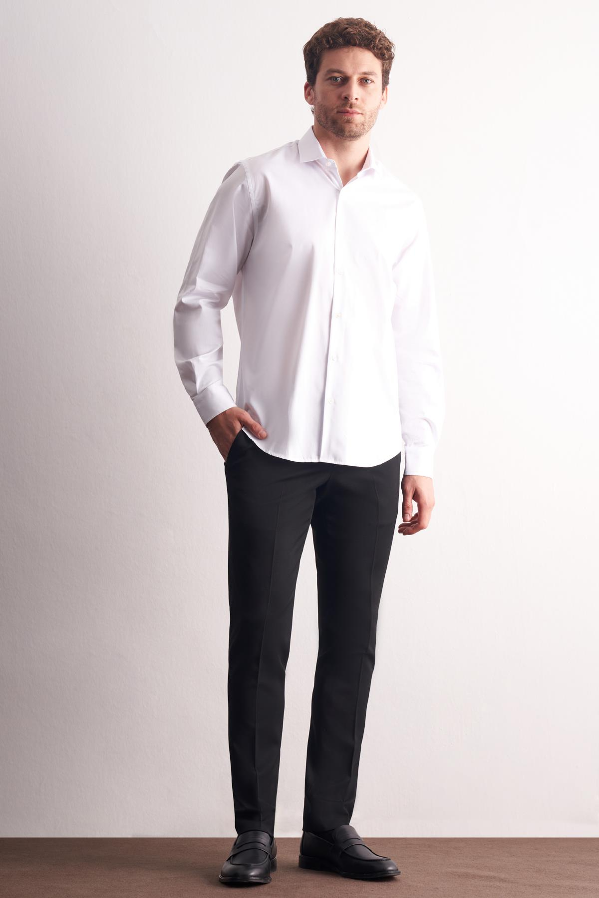 Beyaz Yarım İtalyan Yaka Uzun Kol Premium Slim Fit %100 Pamuk Gömlek 1004255197