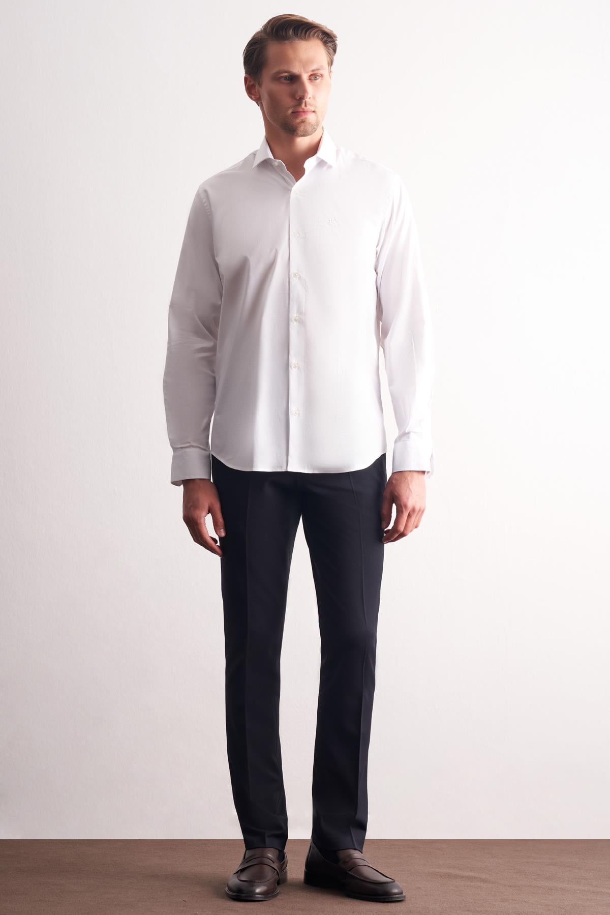 Beyaz Yarım İtalyan Yaka Uzun Kol Premium Slim Fit Pamuklu Gömlek 1004255198