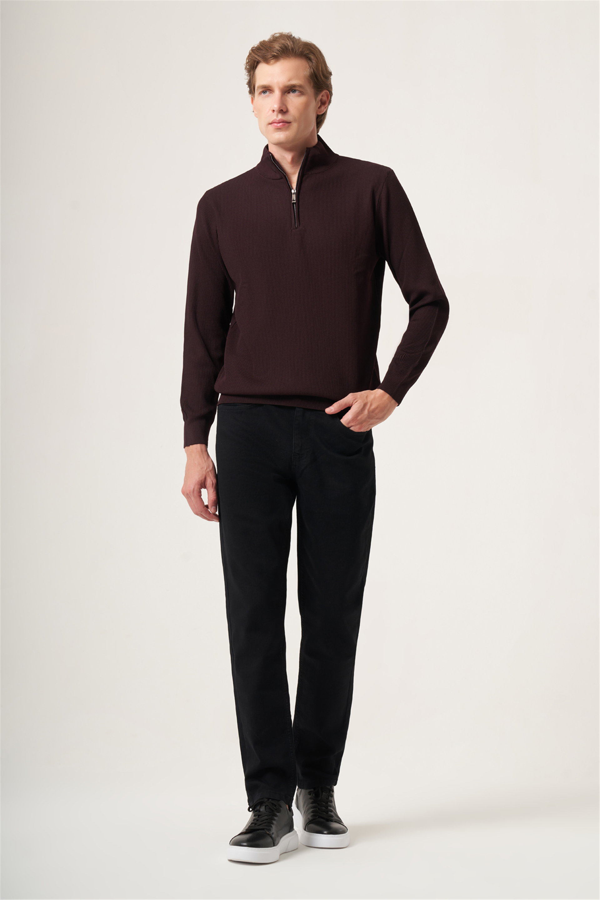 Bordo Dik Yaka Uzun Kol Örme Comfort Fit Pamuklu Kazak 1012265158