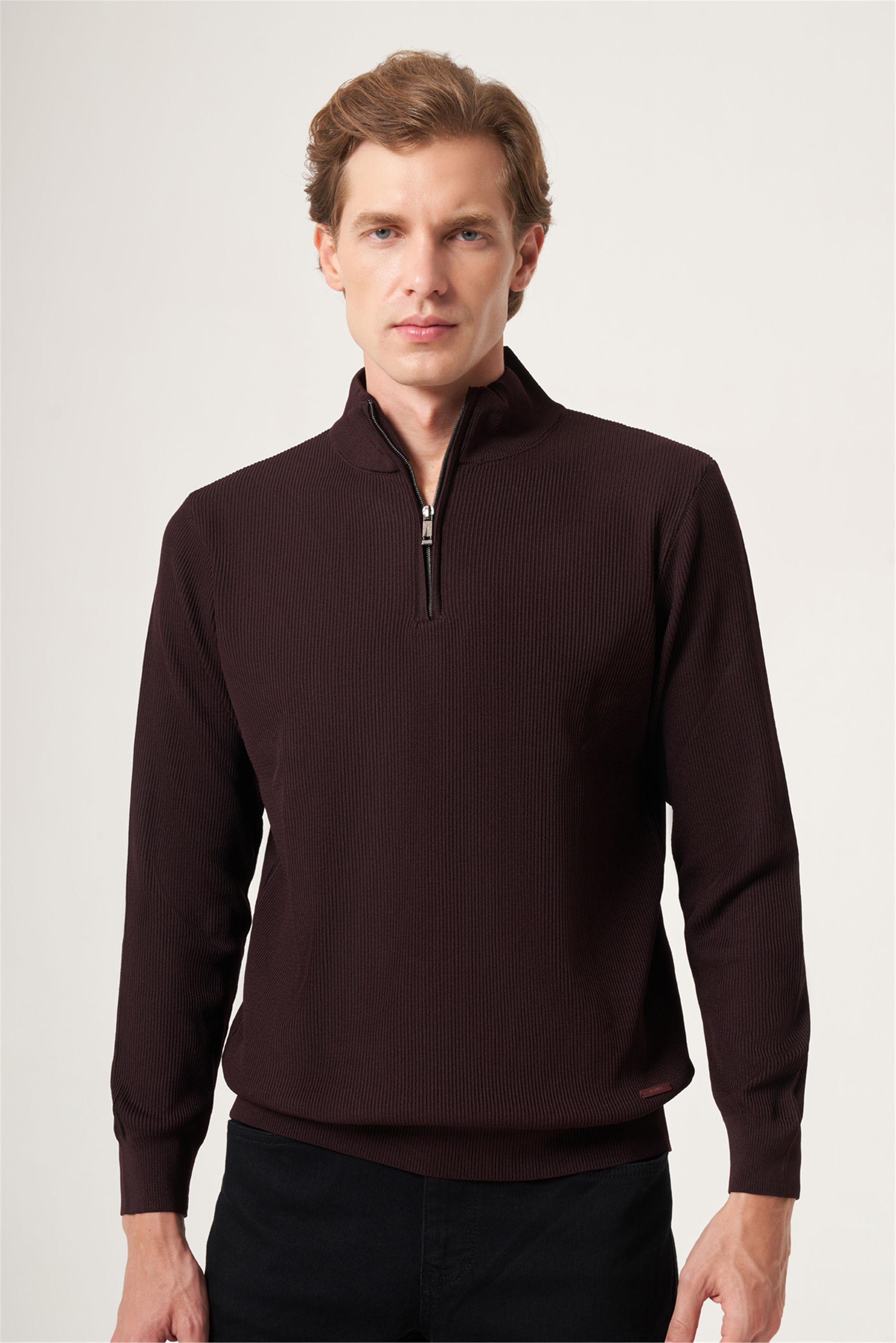 Bordo Dik Yaka Uzun Kol Örme Comfort Fit Pamuklu Kazak 1012265158