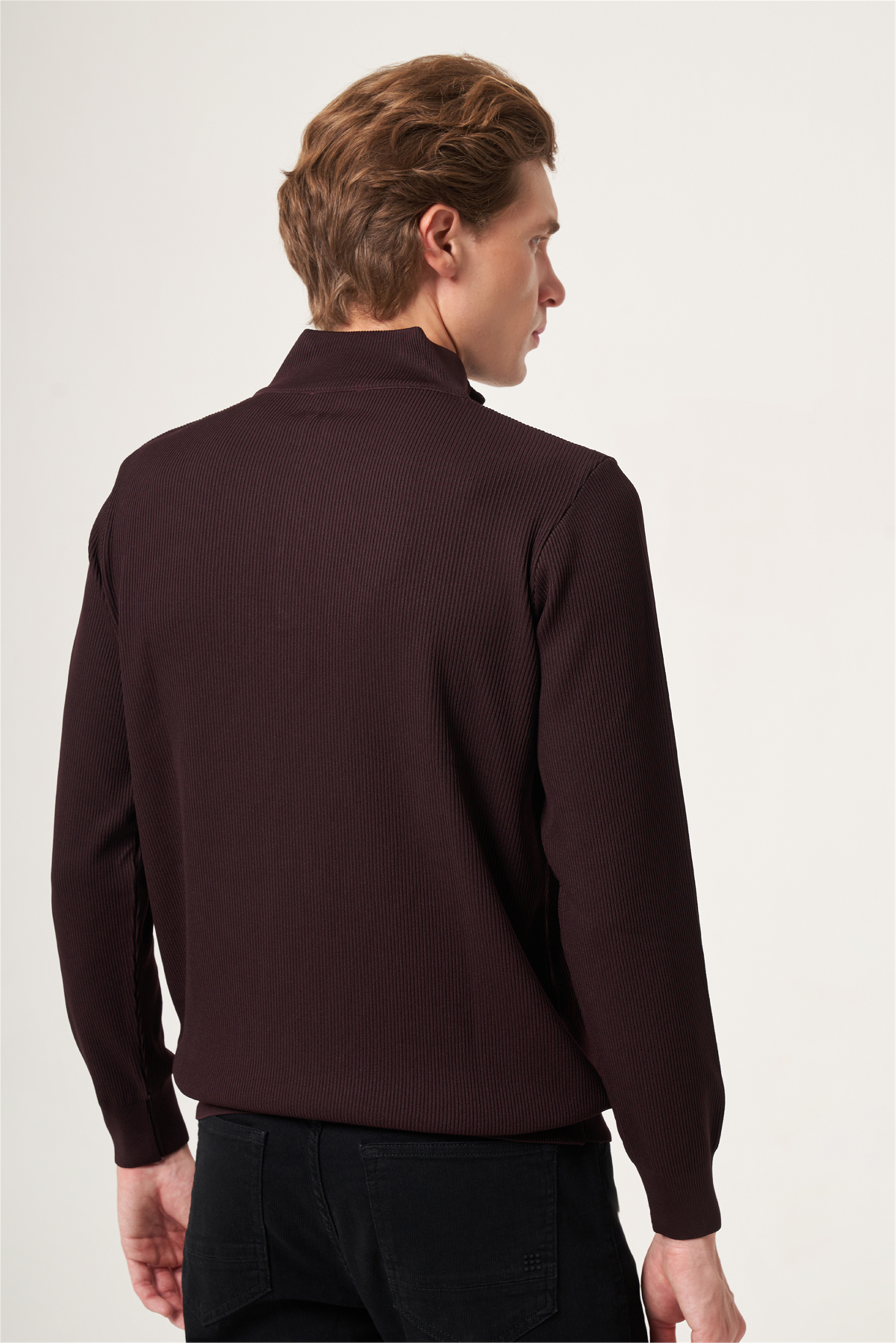 Bordo Dik Yaka Uzun Kol Örme Comfort Fit Pamuklu Kazak 1012265158