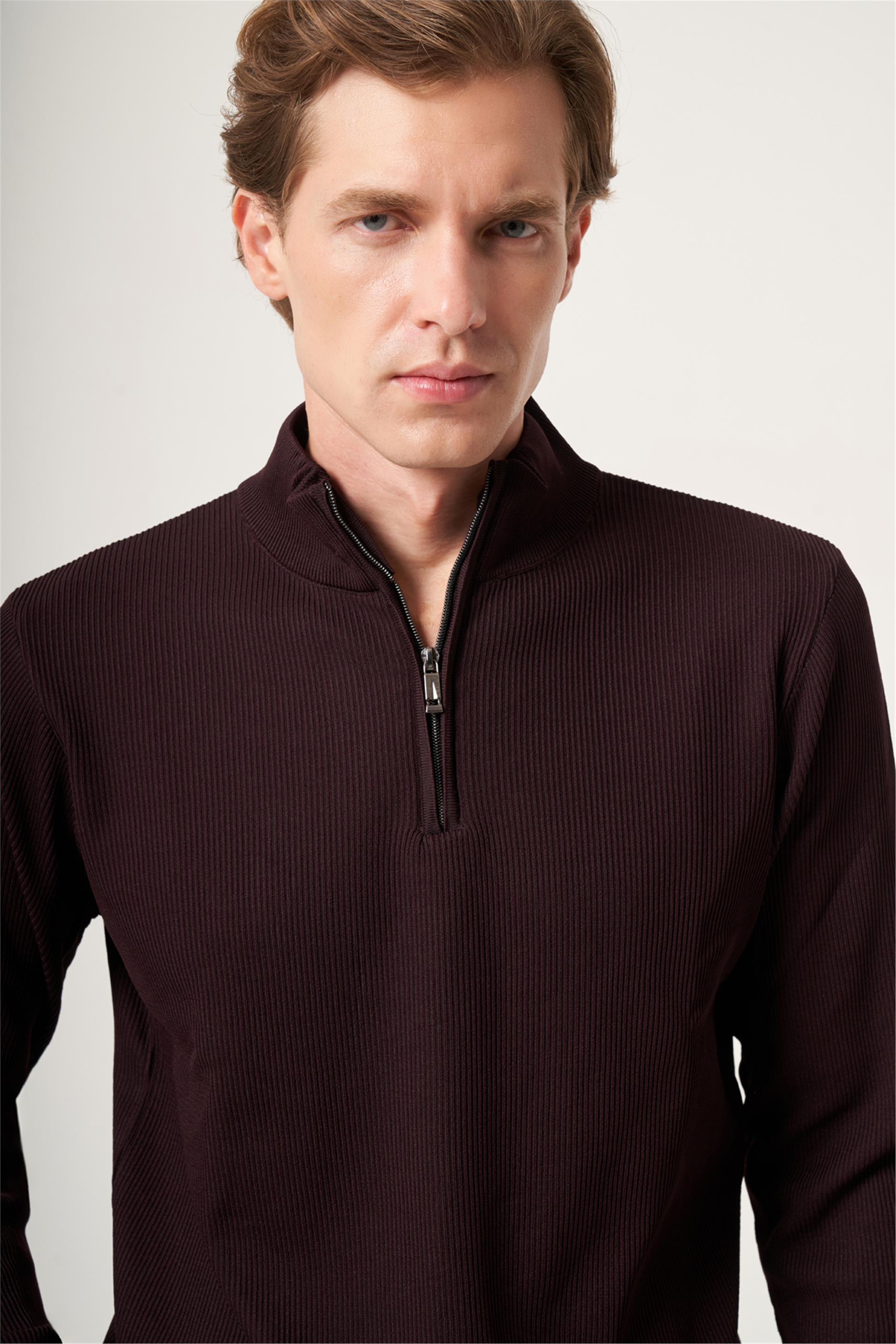 Bordo Dik Yaka Uzun Kol Örme Comfort Fit Pamuklu Kazak 1012265158