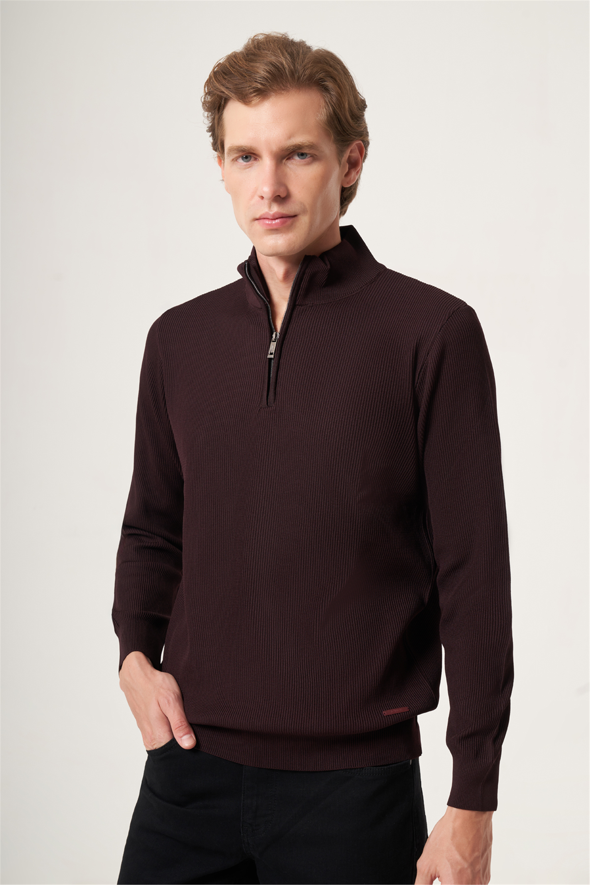Bordo Dik Yaka Uzun Kol Örme Comfort Fit Pamuklu Kazak 1012265158