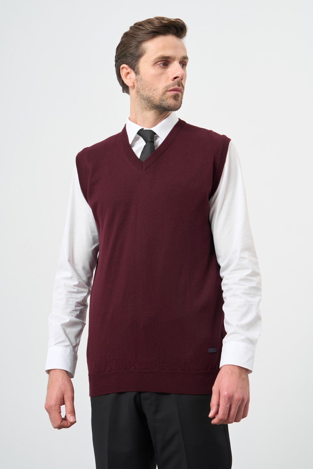 Bordo V Yaka Cepsiz Slim Fit Classic Yünlü Triko Süeter 1012255003