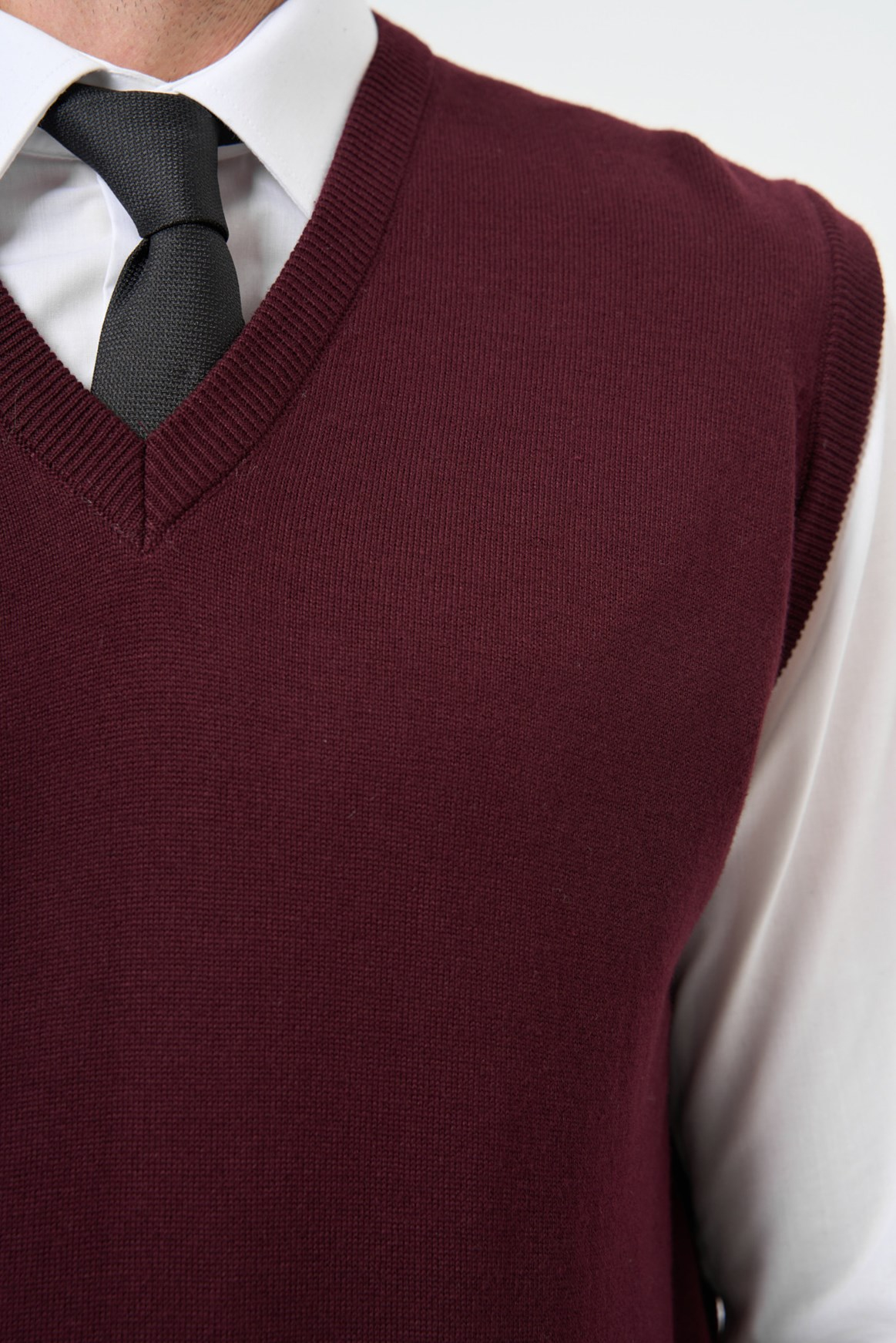 Bordo V Yaka Cepsiz Slim Fit Classic Yünlü Triko Süeter 1012255003