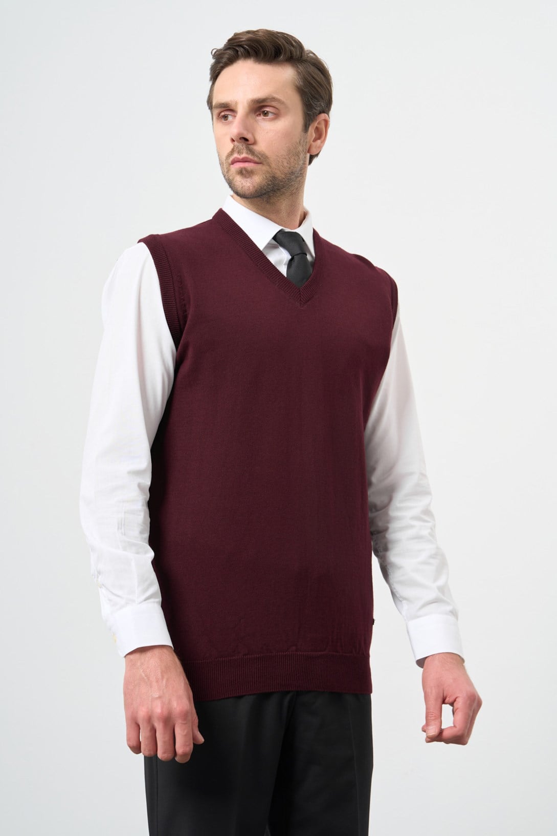 Bordo V Yaka Cepsiz Slim Fit Classic Yünlü Triko Süeter 1012255003
