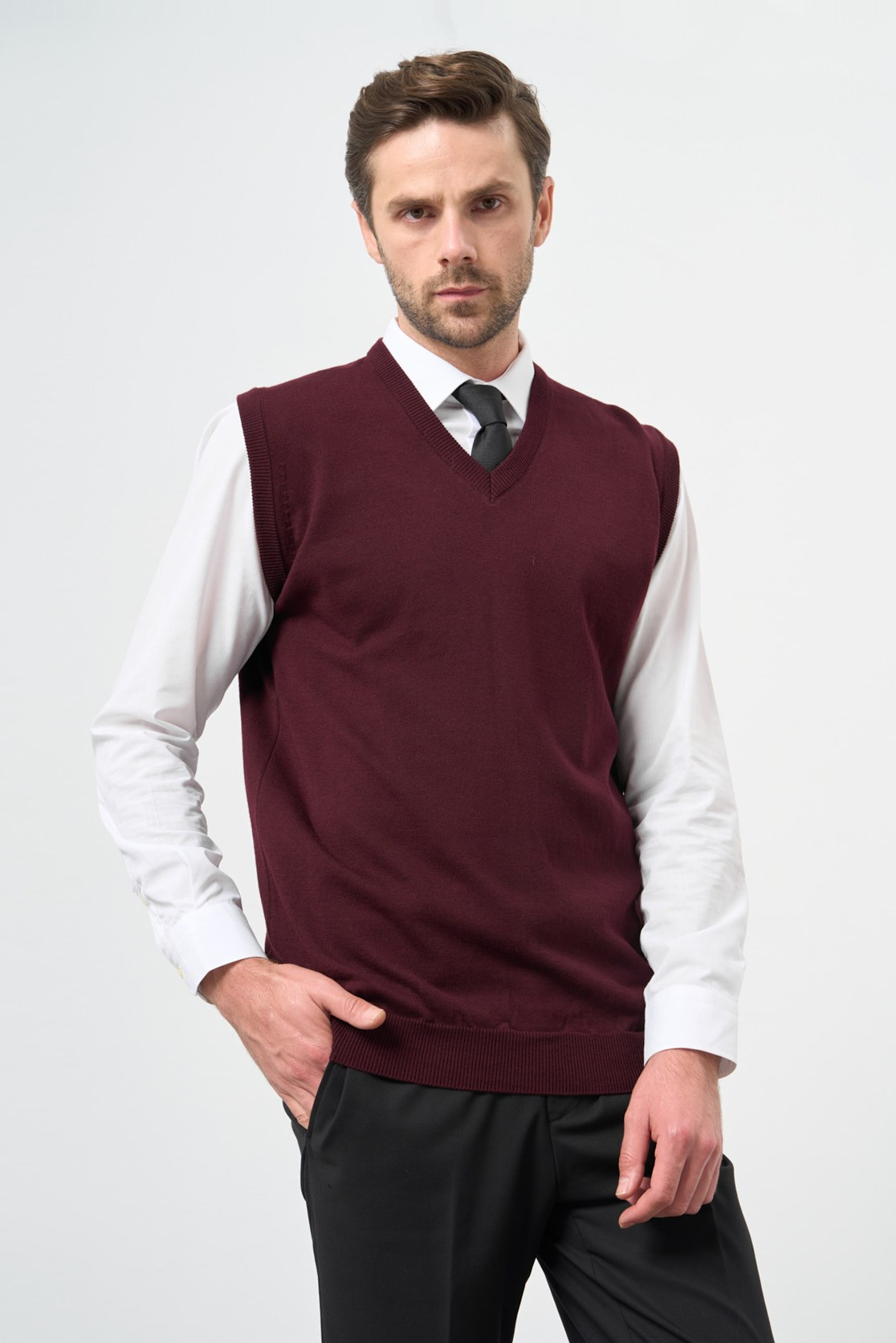 Bordo V Yaka Cepsiz Slim Fit Classic Yünlü Triko Süeter 1012255003