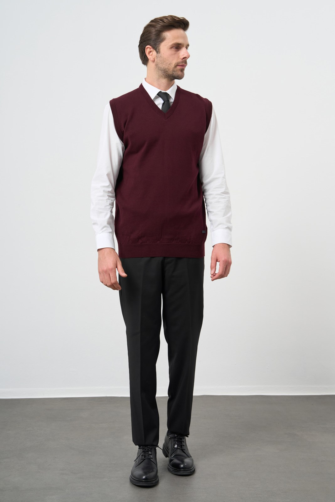 Bordo V Yaka Cepsiz Slim Fit Classic Yünlü Triko Süeter 1012255003