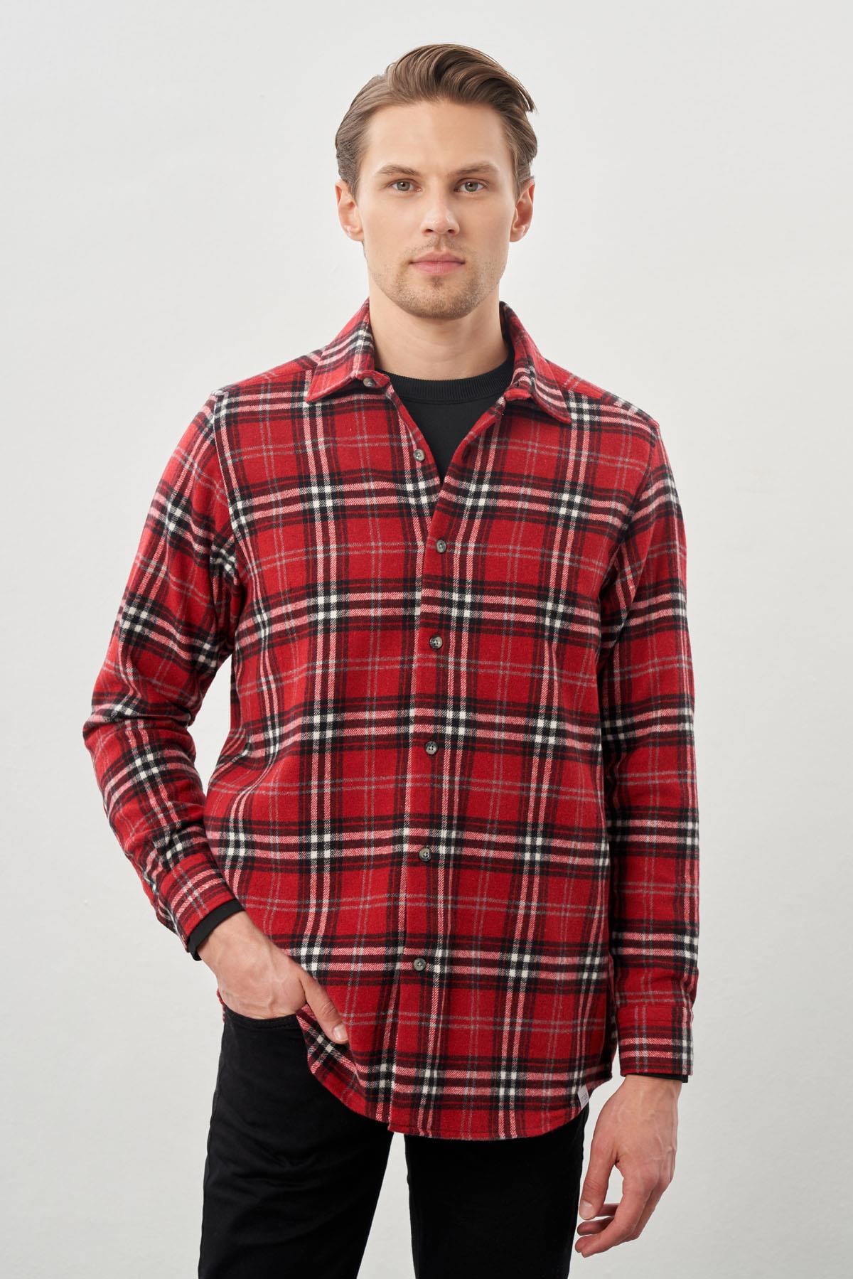 Bordo Yünlü Ekose Desen Yumuşak Yaka Cepsiz Uzun Kol Casual Comfort Fit Gömlek 1004245227