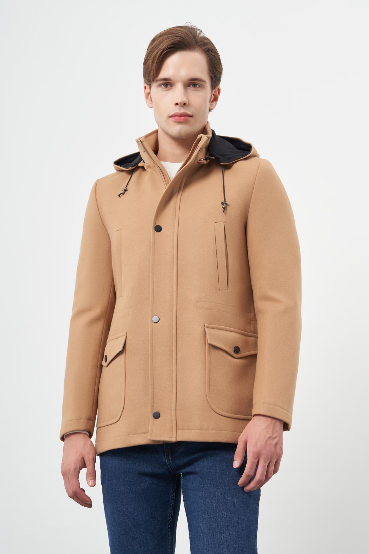 Camel Kaşe Dik Yaka Astarlı Slim Fit Dar Kesim Klasik Kaban 1008245272