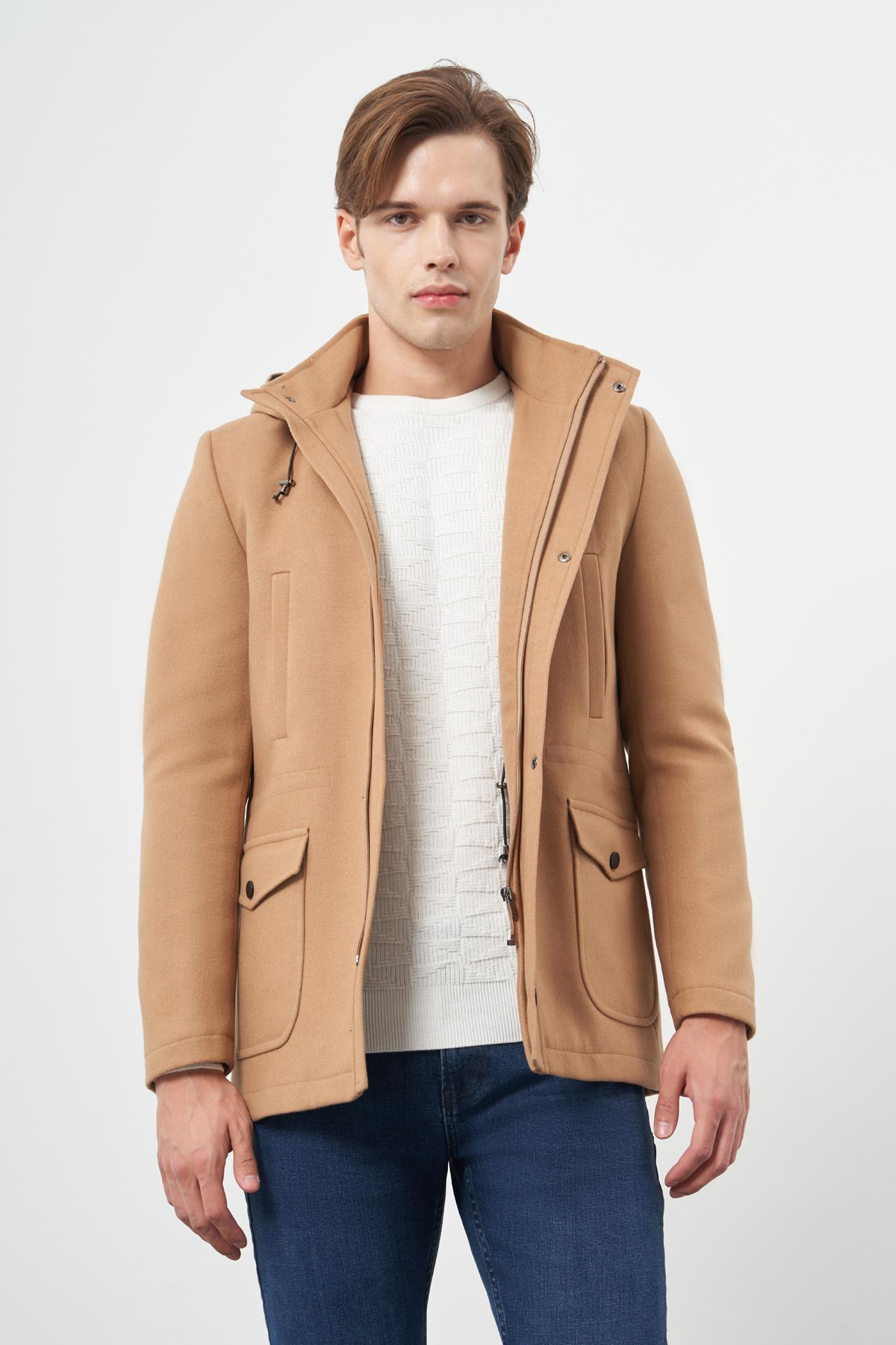 Camel Kaşe Dik Yaka Astarlı Slim Fit Dar Kesim Klasik Kaban 1008245272