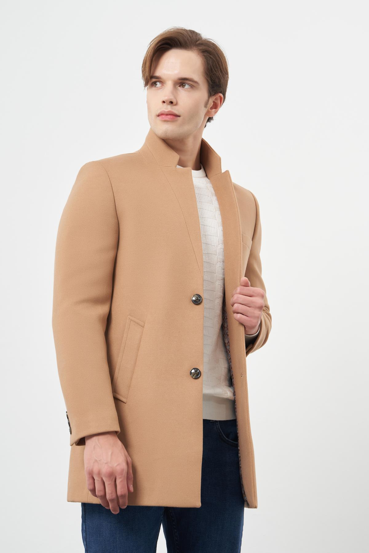 Camel Kaşe Dik Yaka Kapitoneli Astar Slim Fit Dar Kesim Klasik Kaban 1008245171