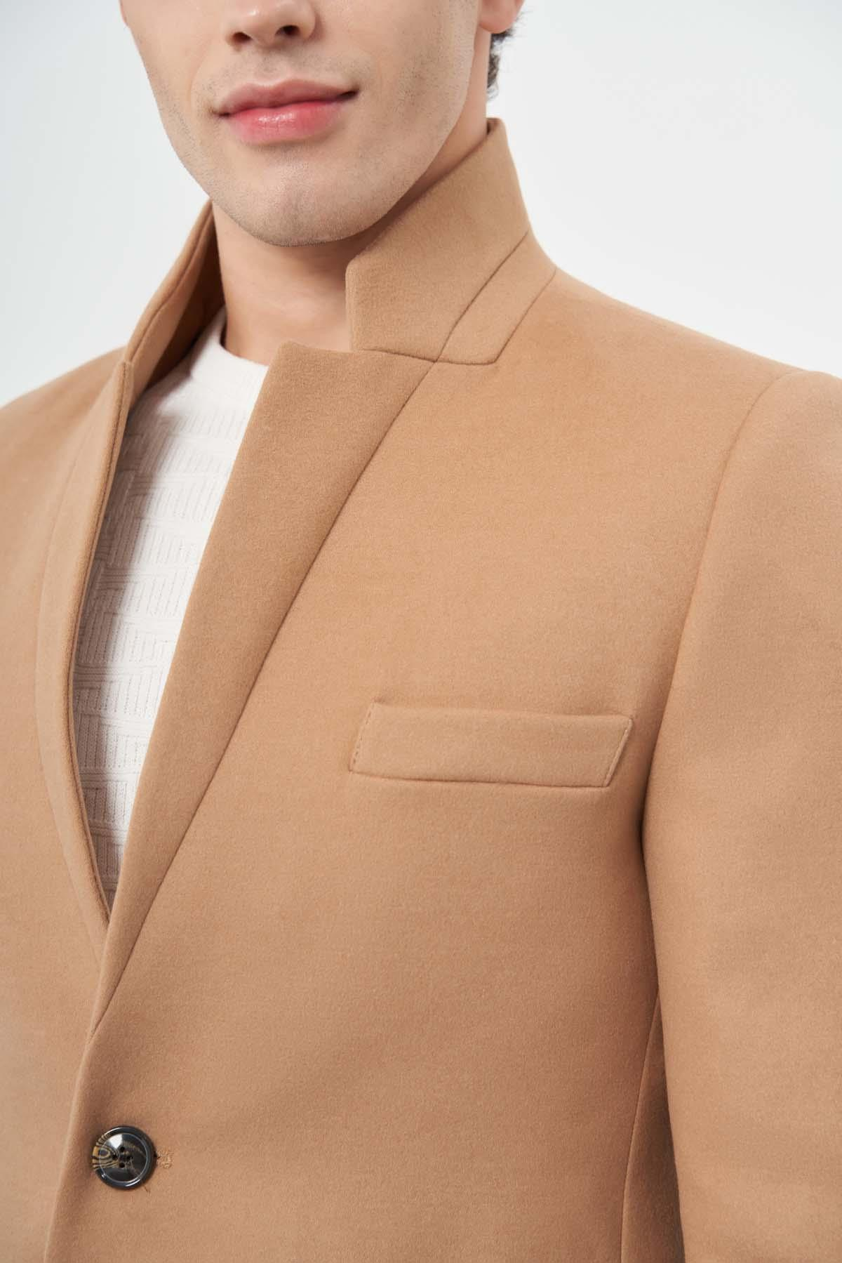 Camel Kaşe Dik Yaka Kapitoneli Astar Slim Fit Dar Kesim Klasik Kaban 1008245171