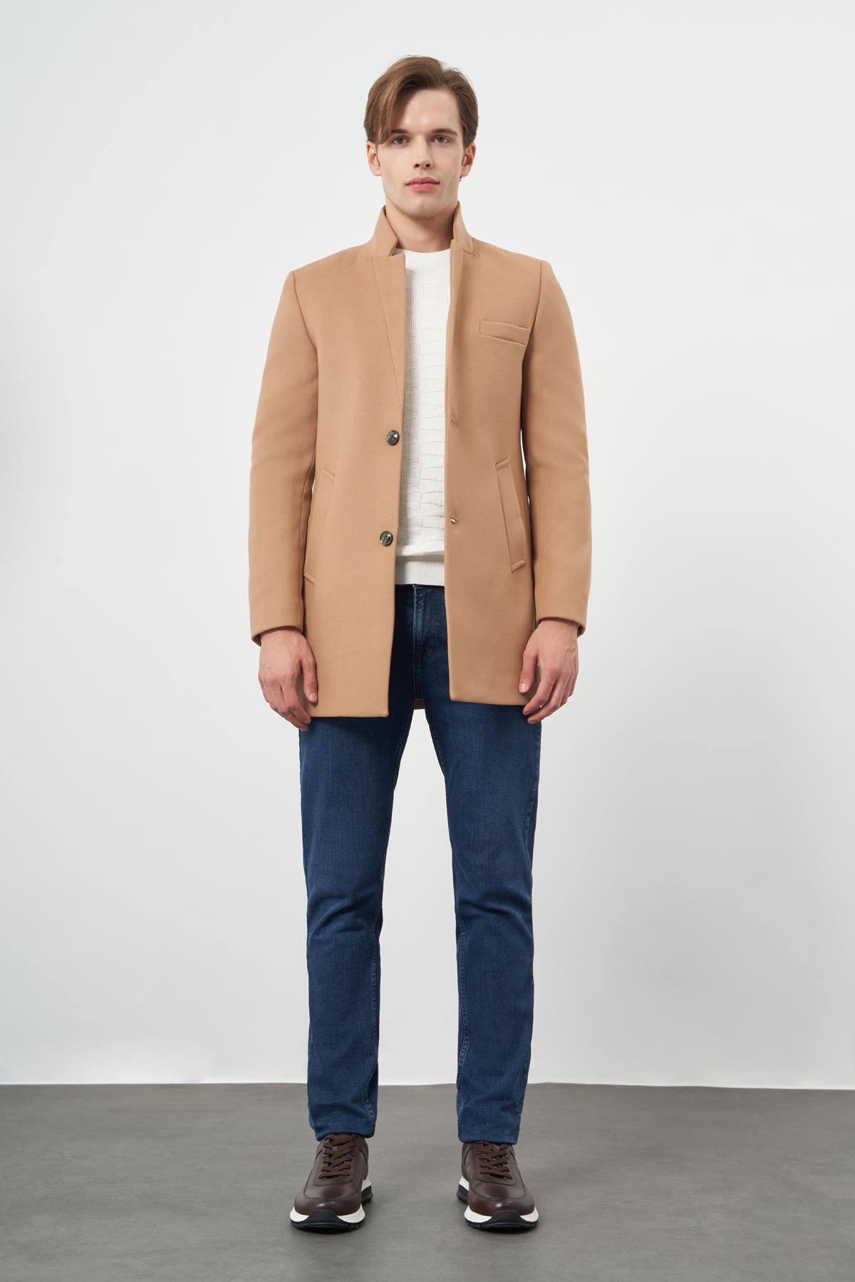 Camel Kaşe Dik Yaka Kapitoneli Astar Slim Fit Dar Kesim Klasik Kaban 1008245171