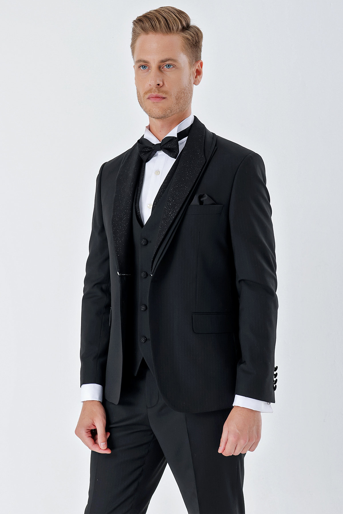Siyah Çizgili Çıkarılabilir Şal Yaka Yelekli 6 Drop Slim Fit Smokin Damatlık Takım 1001230212
