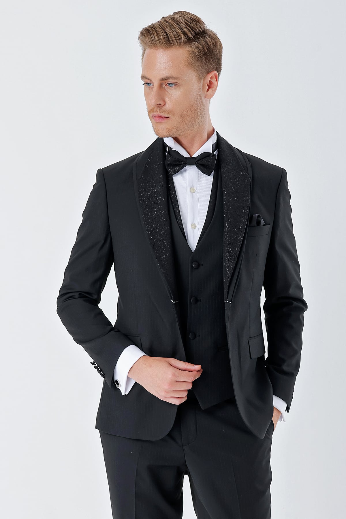 Siyah Çizgili Çıkarılabilir Şal Yaka Yelekli 6 Drop Slim Fit Smokin Damatlık Takım 1001230212