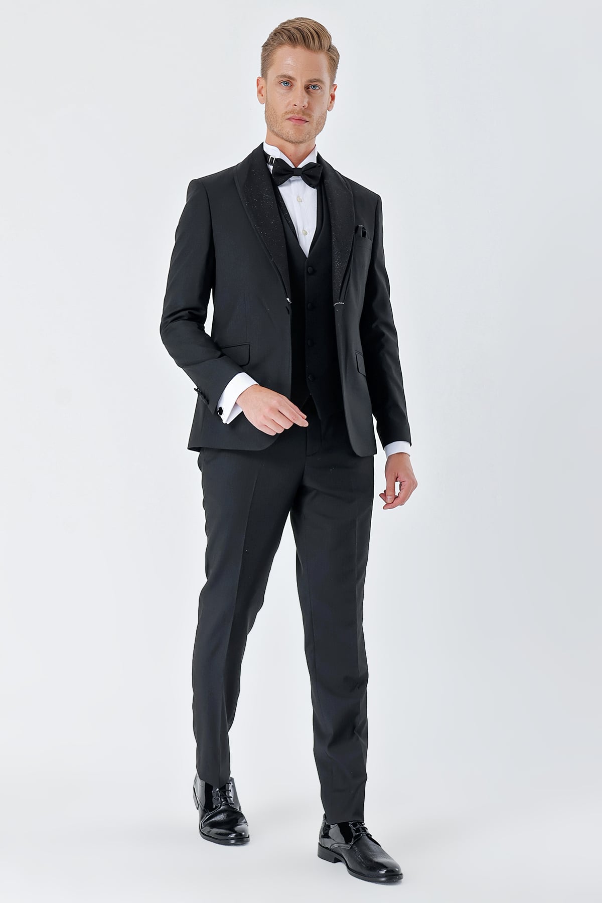 Siyah Çizgili Çıkarılabilir Şal Yaka Yelekli 6 Drop Slim Fit Smokin Damatlık Takım 1001230212