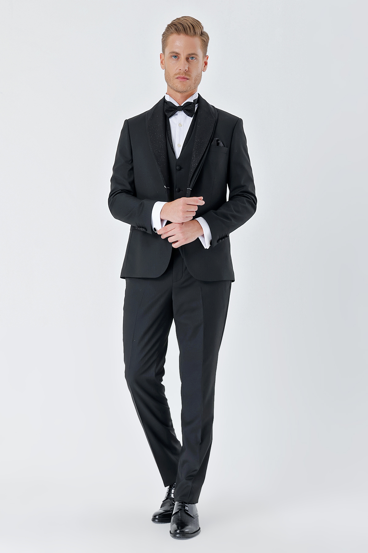 Siyah Çizgili Çıkarılabilir Şal Yaka Yelekli 6 Drop Slim Fit Smokin Damatlık Takım 1001230212