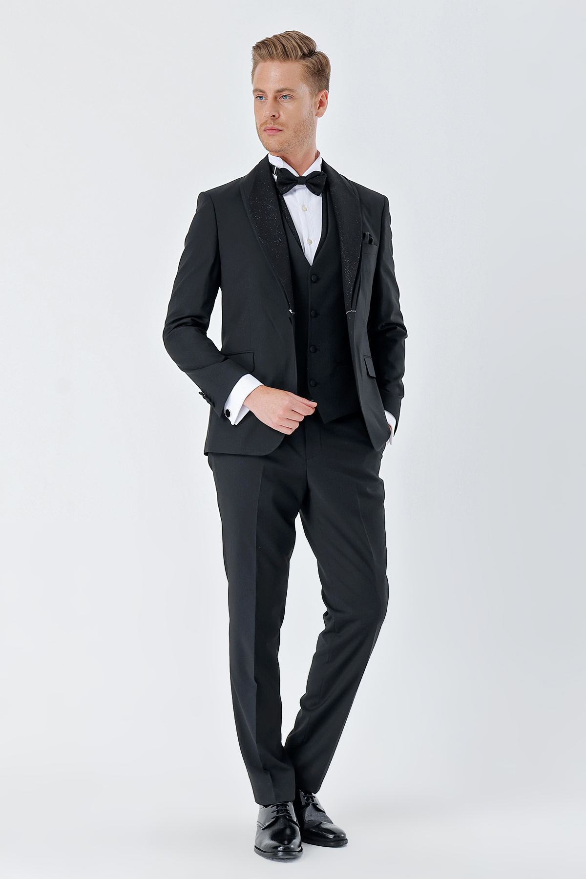 Siyah Çizgili Çıkarılabilir Şal Yaka Yelekli 6 Drop Slim Fit Smokin Damatlık Takım 1001230212