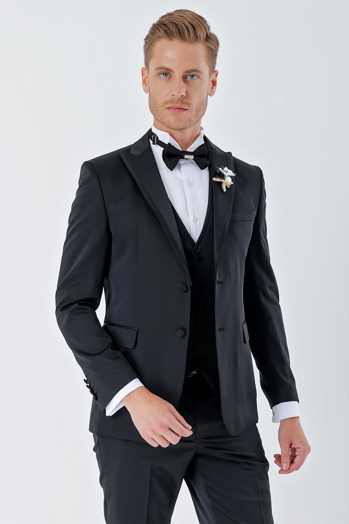 Siyah Desenli Armürlü Çıkarılabilir Kırlangıç Yaka 6 Drop Slim Fit Smokin Damatlık Takım 1001230213