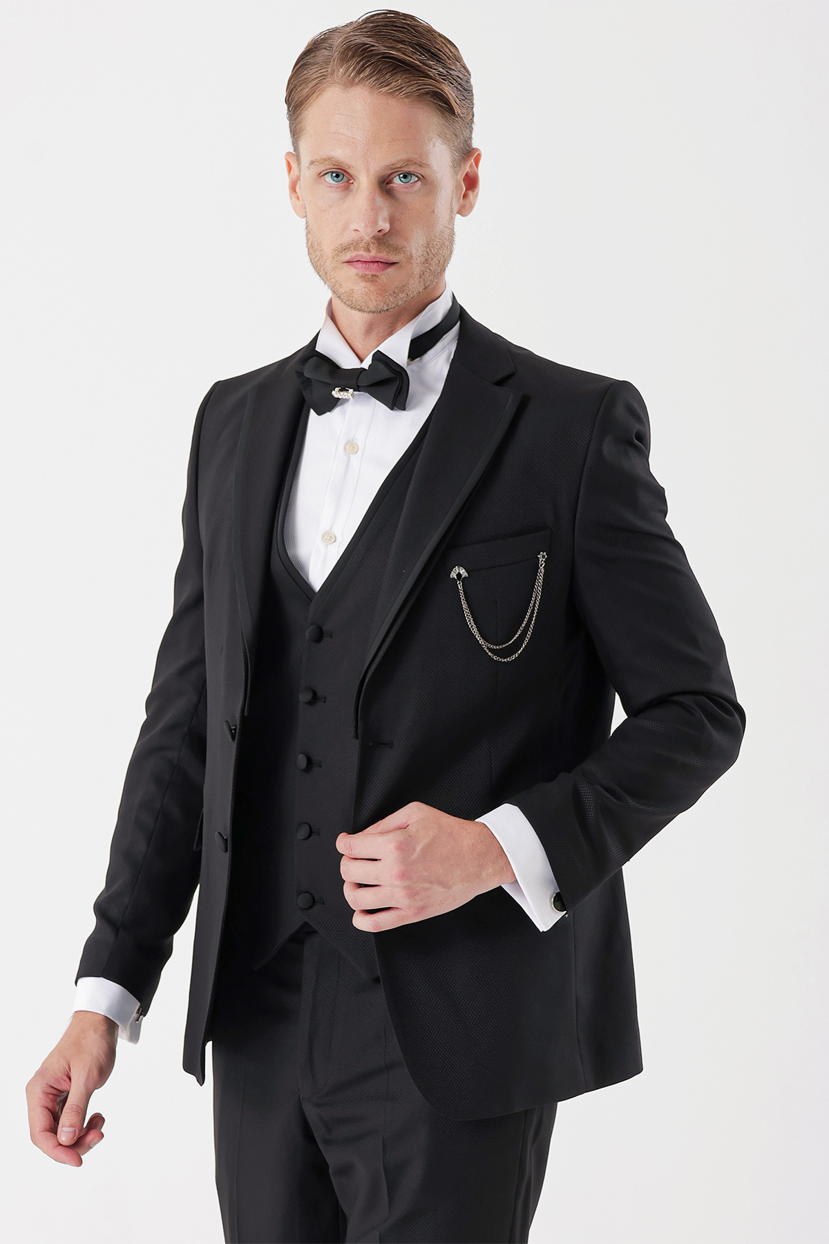 Siyah Armürlü Çıkarılabilir Mono Yaka Yelekli 6 Drop Slim Fit Smokin Damatlık Takım 1001230202