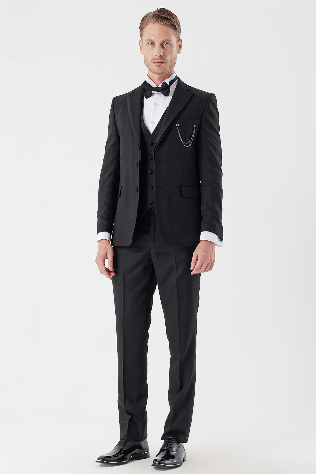 Siyah Armürlü Çıkarılabilir Mono Yaka Yelekli 6 Drop Slim Fit Smokin Damatlık Takım 1001230202