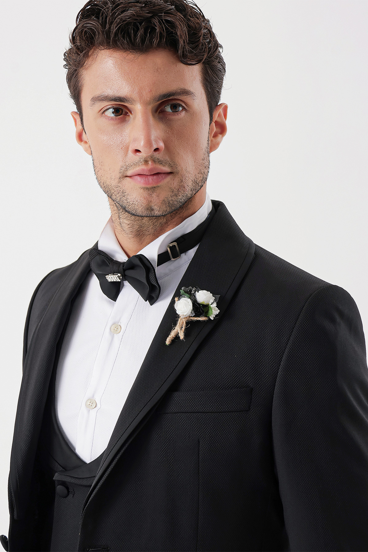Siyah Desenli Armürlü Kruvaze 6 Drop Slim Fit Smokin Damatlık Takım 1001230214