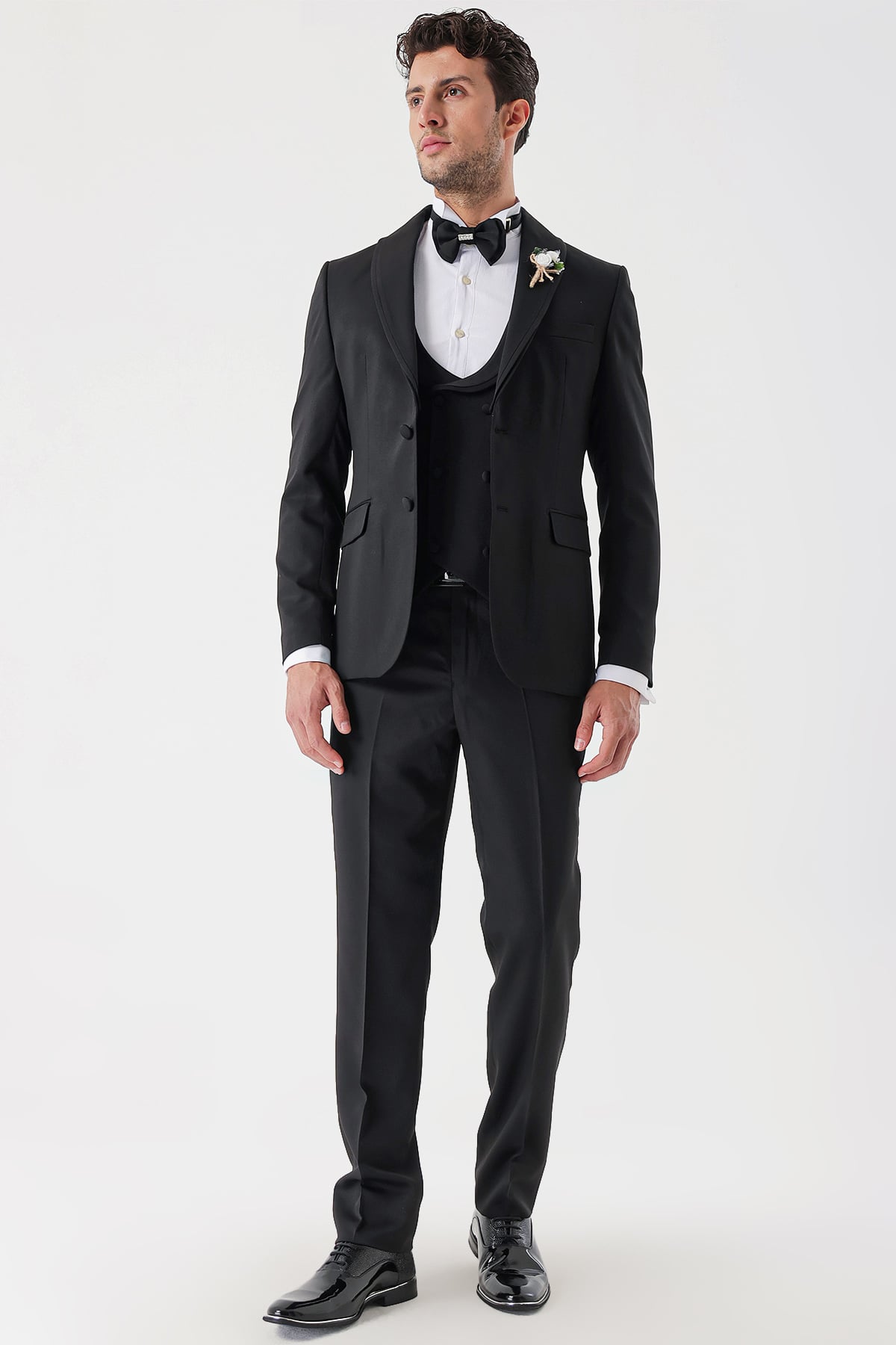 Siyah Desenli Armürlü Kruvaze 6 Drop Slim Fit Smokin Damatlık Takım 1001230214