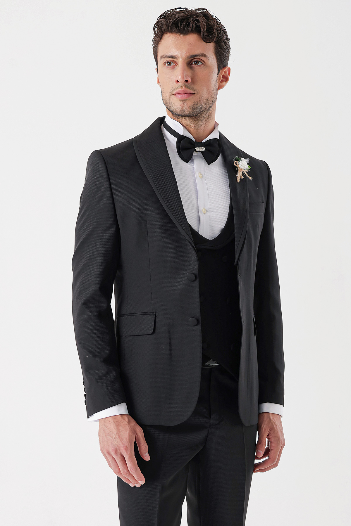 Siyah Desenli Armürlü Kruvaze 6 Drop Slim Fit Smokin Damatlık Takım 1001230214
