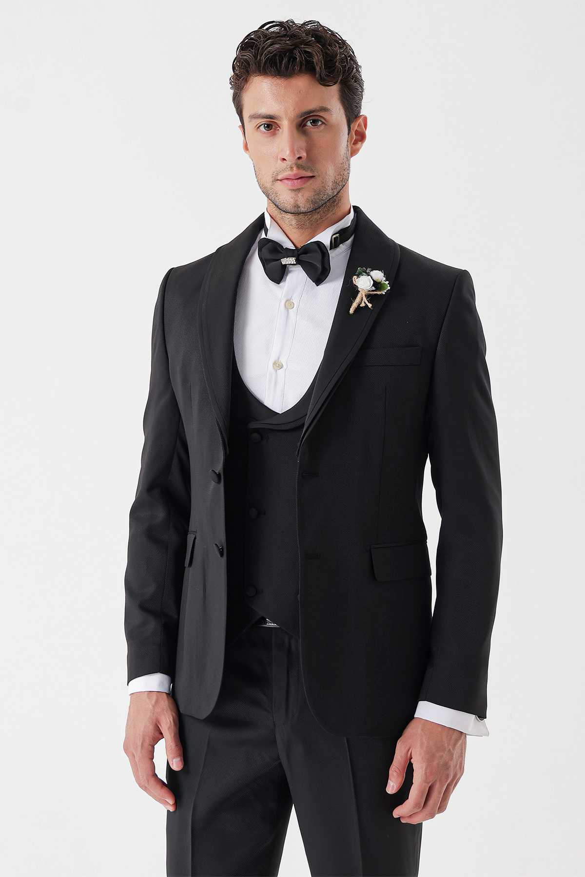 Siyah Desenli Armürlü Kruvaze 6 Drop Slim Fit Smokin Damatlık Takım 1001230214