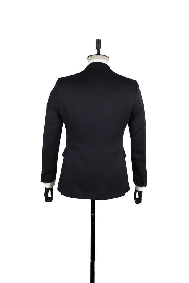 Lacivert Armürlü Mono Yaka Astarlı Yelekli 6 Drop Slim Fit Smokin Damatlık 1001220202