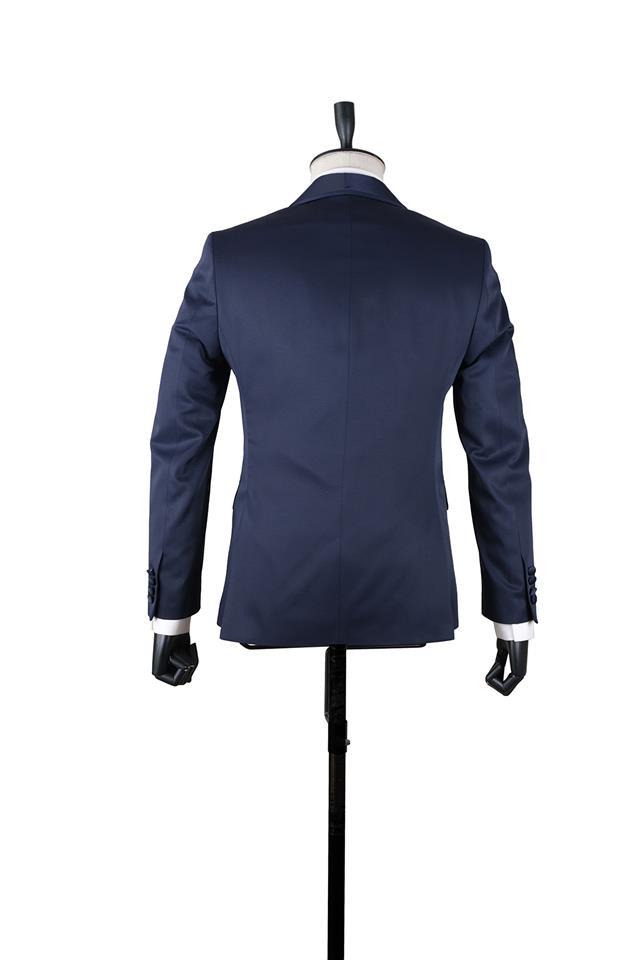 Lacivert Armürlü Mono Yaka Astarlı Yelekli 6 Drop Slim Fit Smokin Damatlık 1001220205