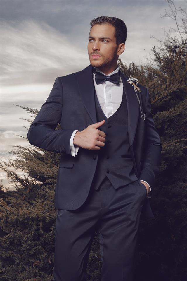 Lacivert Armürlü Mono Yaka Astarlı Yelekli 6 Drop Slim Fit Smokin Damatlık 1001220205