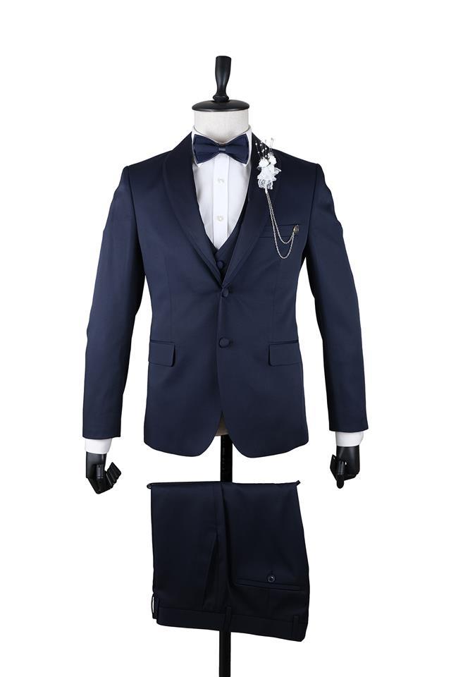 Lacivert Armürlü Mono Yaka Astarlı Yelekli 6 Drop Slim Fit Smokin Damatlık 1001220205