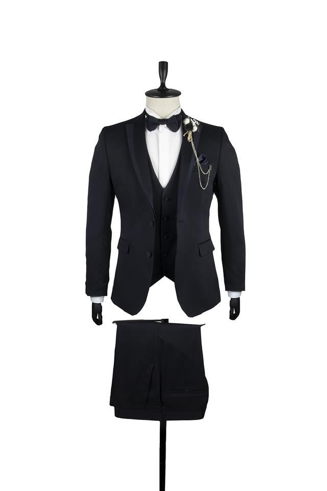 Lacivert Armürlü Mono Yaka Astarlı Yelekli 6 Drop Slim Fit Smokin Damatlık 1001220202