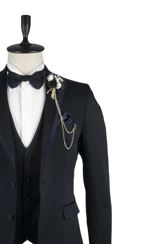 Lacivert Armürlü Mono Yaka Astarlı Yelekli 6 Drop Slim Fit Smokin Damatlık 1001220202