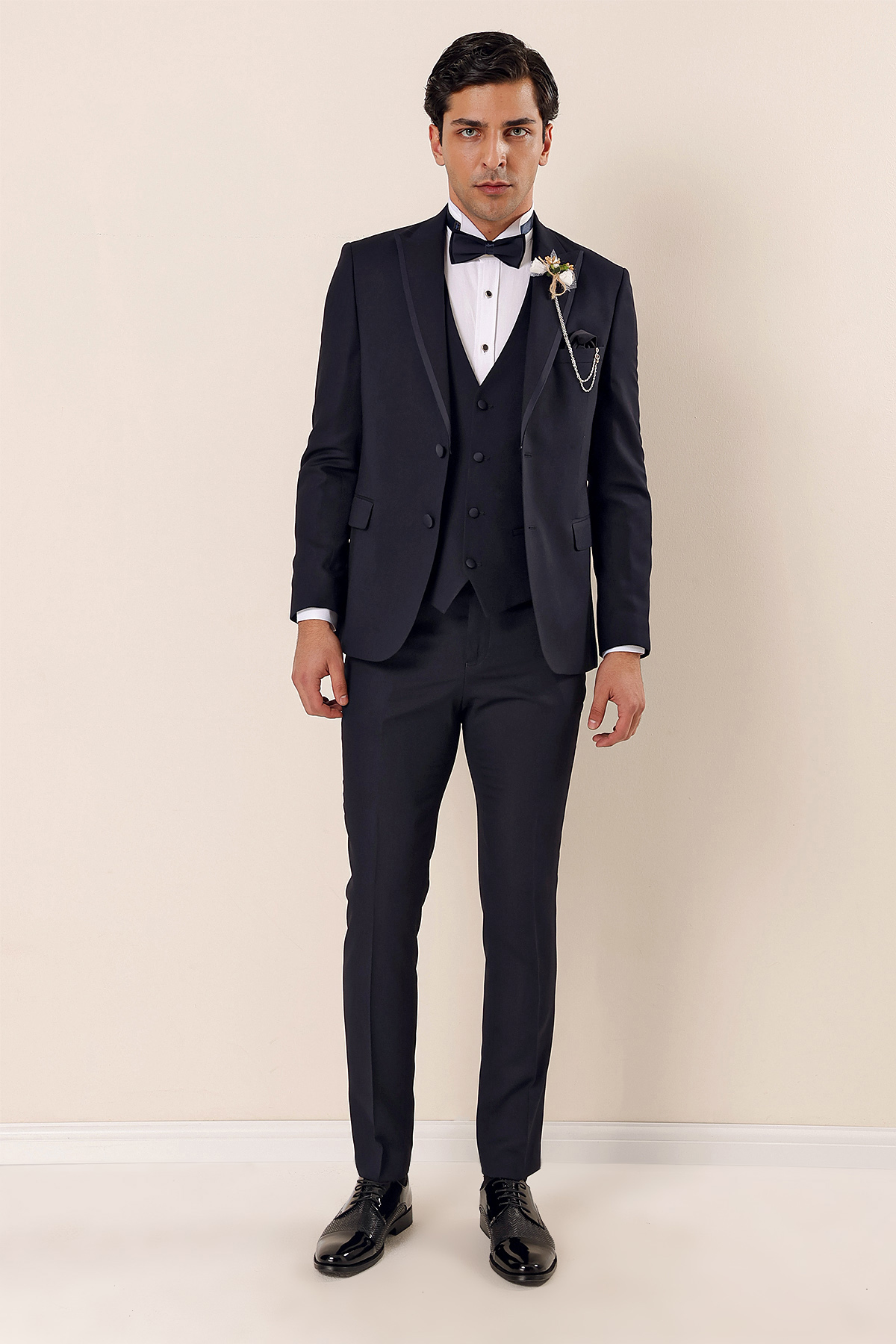Lacivert Çıkarılabilir Kırlangıç Yaka Yelekli 6 Drop Slim Fit Smokin Damatlık 1001225203