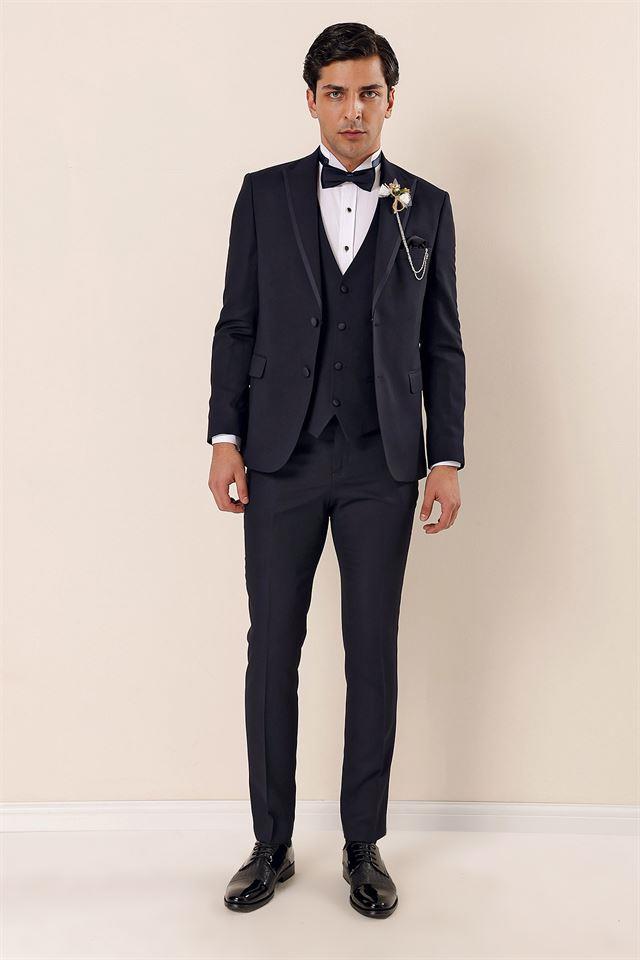Lacivert Çıkarılabilir Kırlangıç Yaka Yelekli 6 Drop Slim Fit Smokin Damatlık 1001225203