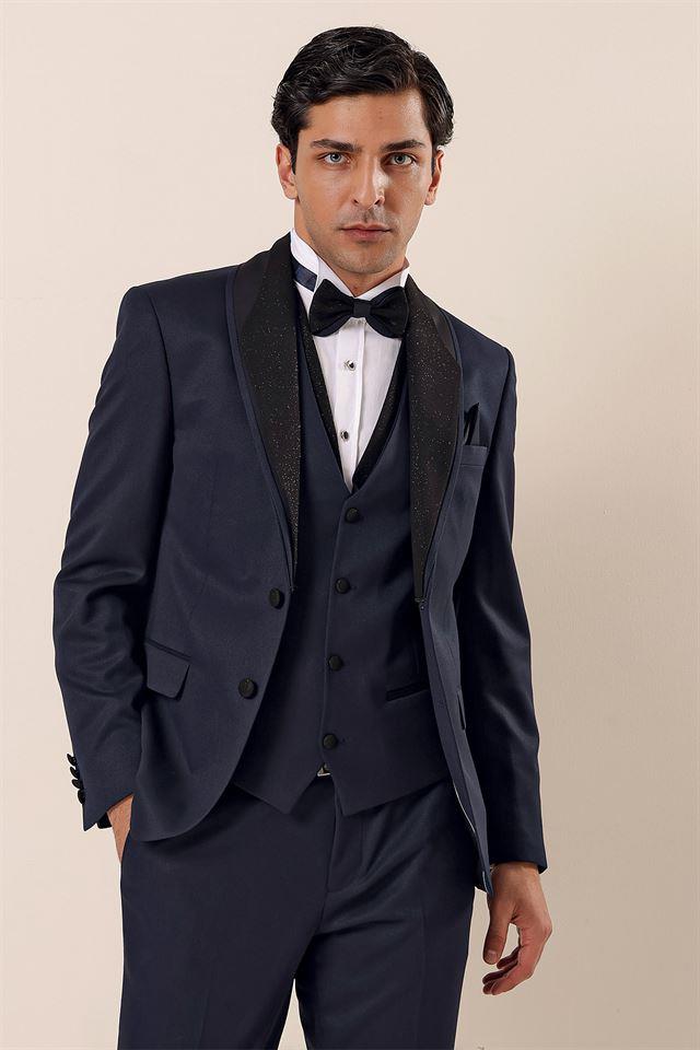 Lacivert Desenli Yelekli 6 Drop Slim Fit Smokin Damatlık Takım 1001230204