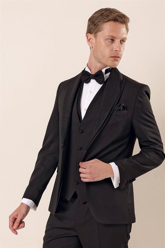 Siyah Desenli Çıkarılabilir Şal Yaka Yelekli 6 Drop Slim Fit Smokin Damatlık Takım 1001230210