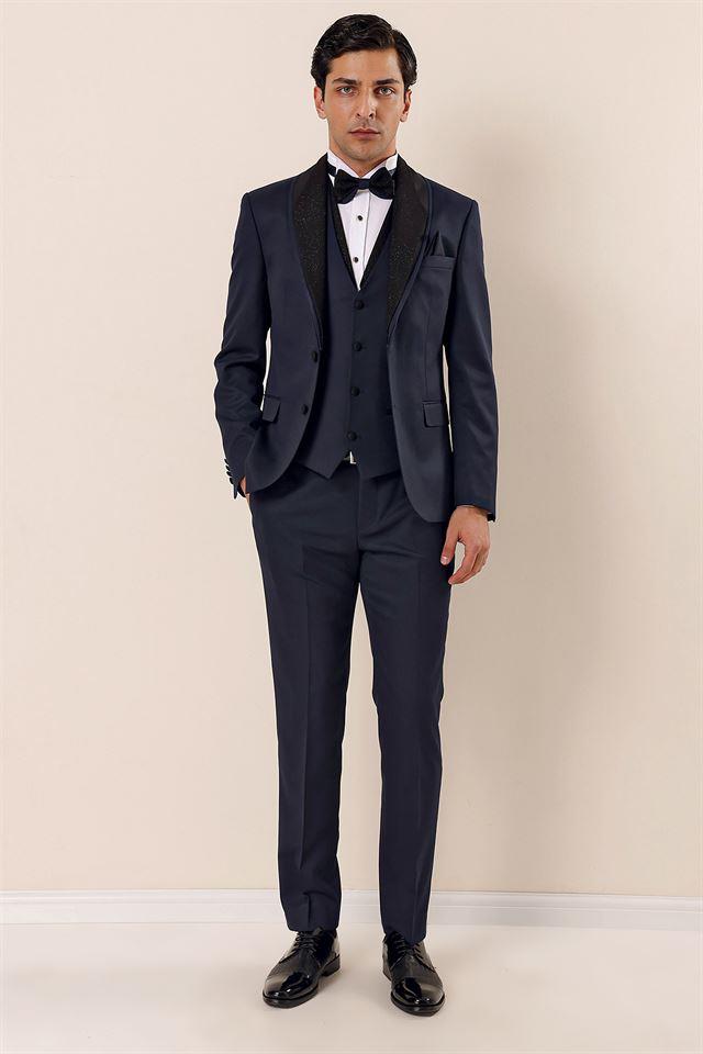 Lacivert Desenli Yelekli 6 Drop Slim Fit Smokin Damatlık Takım 1001230204