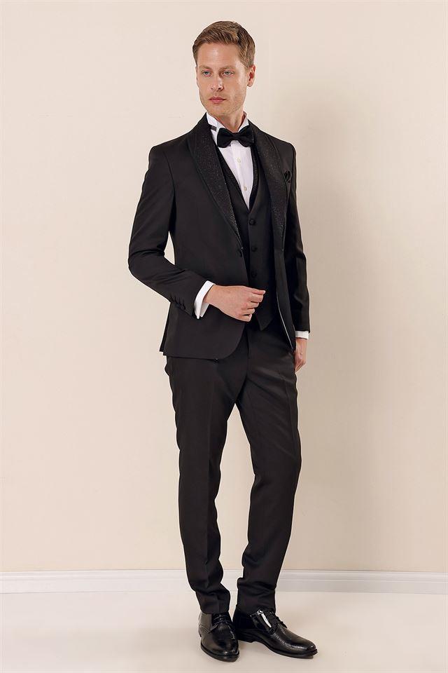 Siyah Desenli Çıkarılabilir Şal Yaka Yelekli 6 Drop Slim Fit Smokin Damatlık Takım 1001230210